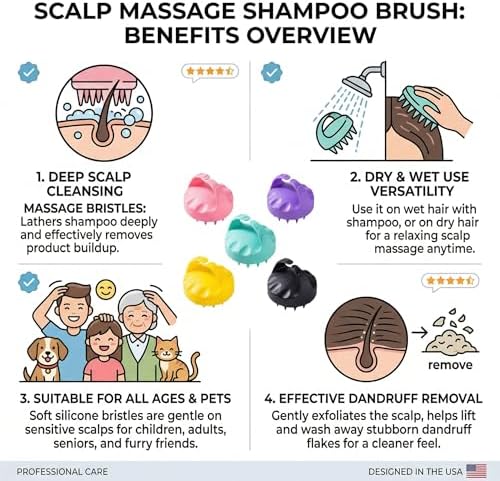 Scalp Massager Shampoo Brush, Hair Scalp Scrubber Shower Brush, Scalp Exfoliator and Head Massager for Women Men Kids Pets, Dandruff Cleaning Hair Wash Brush for Wet and Dry Use White