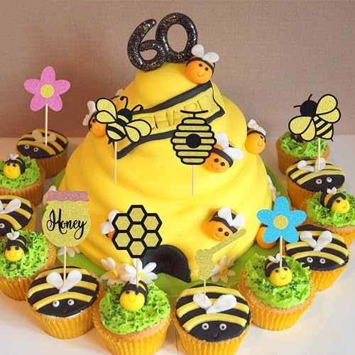 24Pcs Bumble Bee Cupcake Toppers Honey Flower Honeycomb Bee Cupcake Picks Baby Shower Cake Decorations for Bee Theme Baby Shower Kids Birthday Party Supplies