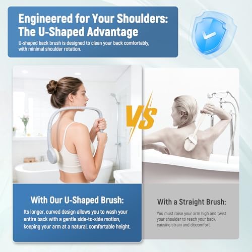 31" Back Bath Brush for Shower with U-Shaped Long Handle, Curved Handled Back Sponge Washer, Back Scrubber for Shower for Men, Women, Elderly, Frozen Shoulder, Adaptive Equipment for Shower