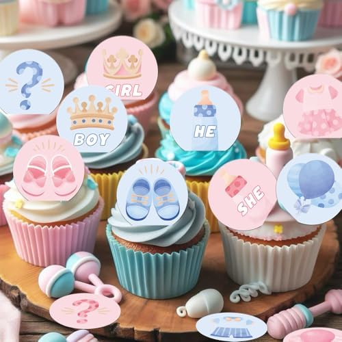 48 Pack Edible Boy or Girl Cupcake Toppers Wafer Paper Gender Reveal Cupcake Picks Baby Boy or Girl Cake Decor for Baby Shower Gender Reveal Party Cake Decorations Supplies