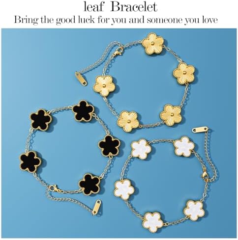 AICase 18K Gold Plated Clover Bracelet Dupes Gold/White/Black Bracelet Set for Women Flower Leaf Lucky Clover Bracelets Trendy Jewelry Birthday Gifts for Women/Mon/Friends