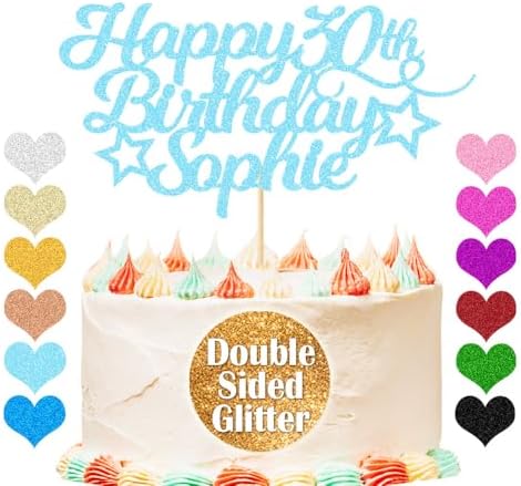 EDSG Happy Birthday Cake Topper Personaliszed, Birthday Cake Topper with Any Age Name, Double-Sided Glitter Cake Topper 13th 16th 18th 21st 30th 40th 50th 60th 80th (with Colored Heart Set)