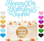 EDSG Happy Birthday Cake Topper Personaliszed, Birthday Cake Topper with Any Age Name, Double-Sided Glitter Cake Topper 13th 16th 18th 21st 30th 40th 50th 60th 80th (with Colored Heart Set)