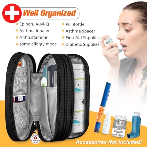 SITHON Double-Layer Epipen Carrying Case with Medical Alert Tag, Travel Medication Organizer Bag Pouch Holds 2 EpiPens, Asthma Inhaler, Anti-Histamine, Auvi-Q, Allergy Medicine Essentials (Black)