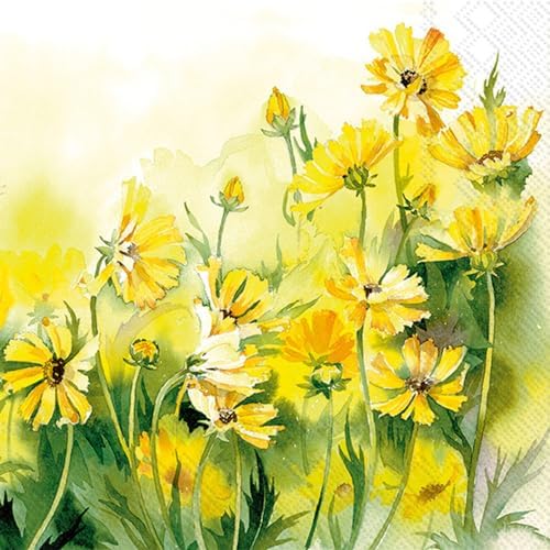 IHR Ideal Home Range Cocktail Napkins Disposable 3-Ply Paper Party Napkin Pack, 5" x 5", Sunny Wildflowers (Yellow), 20-Count