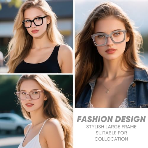 FONHCOO Reading Glasses for Women Men Blue Light Blocking Square Stylish Computer Readers with Spring Hinge Anti UV Glare