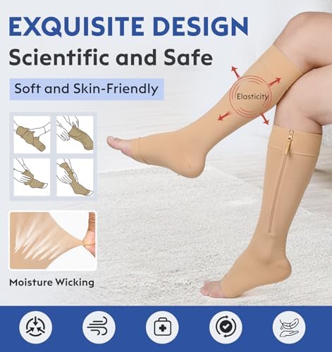 KEKING® Zipper Compression Socks for Men Women, Open Toe, 20-30mmHg Firm Support Knee High Zipper Compression Stockings for Wide Calf - Varicose Veins, DVT, Shin Splints, Edema, Nursing, Beige M