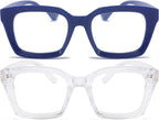 REAVEE 2 Pack Oprah Style Oversized Reading Glasses for Women Men Blue Light Blocking, Ladies Stylish RetroSquare Large Computer Readers (Blue/Clear 2.75x)