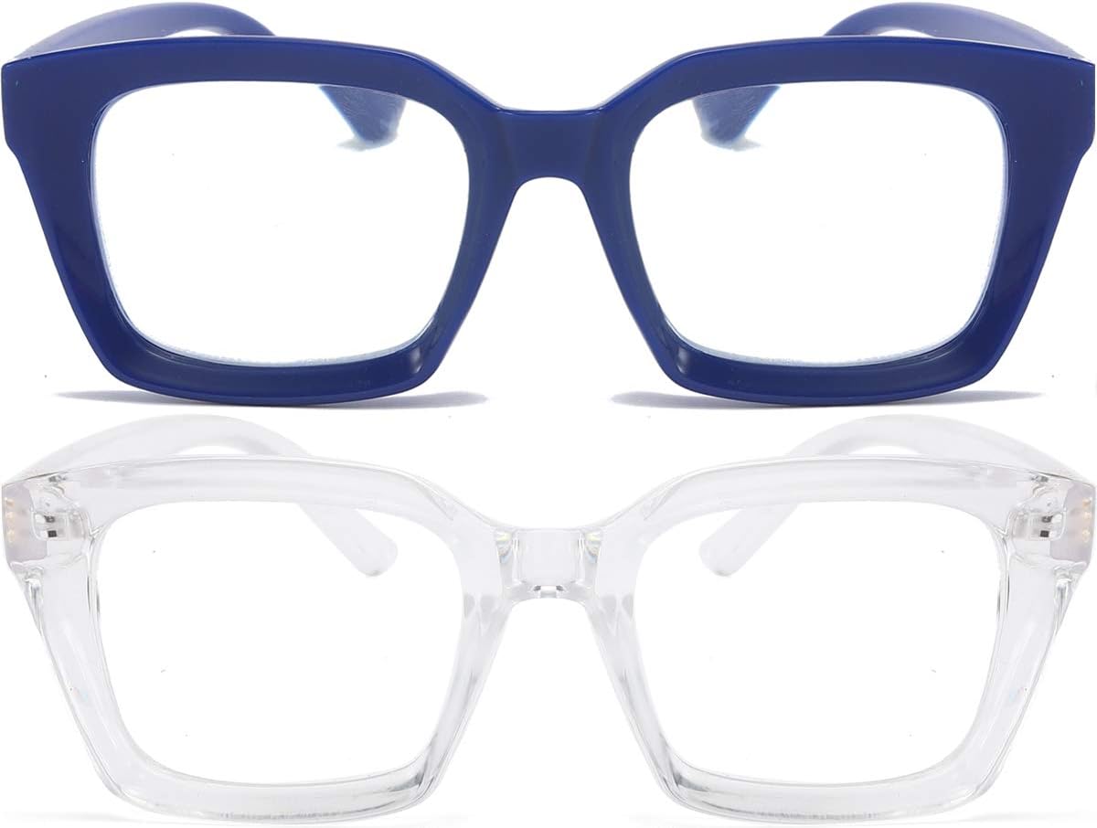 REAVEE 2 Pack Oprah Style Oversized Reading Glasses for Women Men Blue Light Blocking, Ladies Stylish RetroSquare Large Computer Readers (Blue/Clear 2.75x)