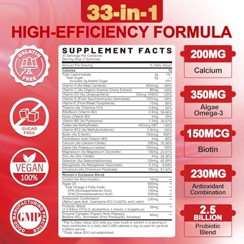 Sugar-Free Women's Multivitamin Gummies - Women Methylated Multivitamin Filled Gummies with Omega-3, Enzymes & Antioxidant Blend to Support Overall Health, Immunity, Hair, Nails & Skin Health - 60 ct