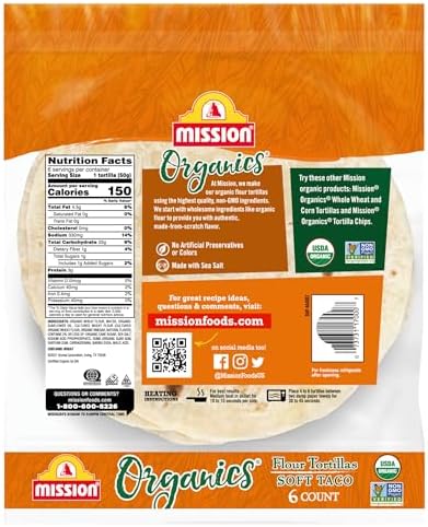 Mission Organics Flour Tortillas, Medium Soft Taco Size, 6 Count