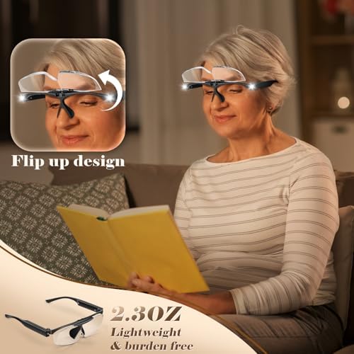200% Magnifying Glasses with Light, Rechargeable LED Lighted Magnifying Eyewear,Flip-top Hands Free Head Magnifier Eyeglasses for Close Work,Hobbies,Reading,Craft,Jewellery,Sewing Black