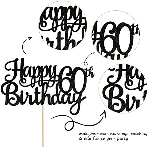 1 PCS Happy 60th Birthday Cake Topper Glitter Cheers to 60 Years Birthday Cake Pick 60 Fabulous Cake Decoration for Happy 60th Birthday Anniversary Party Decorations Supplies Black
