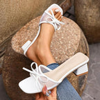Women's Heeled Sandals With Buckle Opened Square Toe Comfortable Summer Chunky Block Flip Flop Heels Vacation Casual Dressy Shoes