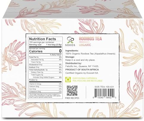 Soeos Organic Rooibos Tea, 100 Count (Pack of 1), Naturally Sweet Herbal Tea, Caffeine Free, USDA Organic, Red Rooibos Tea Bags, Farmed in South Africa 9oz (250g)