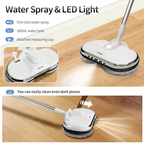 Electric Mop, AlfaBot WS-24 Cordless Spin Mop for Floor Cleaning, Lightweight & Rechargeable Floor Cleaner with Water Sprayer and LED Headlight for Hardwood and Tile Floors, White