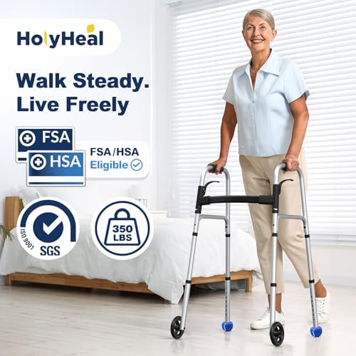 Folding Walker with 2 Precut Tennis Balls, Lightweight Walkers for Seniors with Wheels, Support Up to 350 lbs, Height Adjustable Standard Compact Walker & Ski Glides