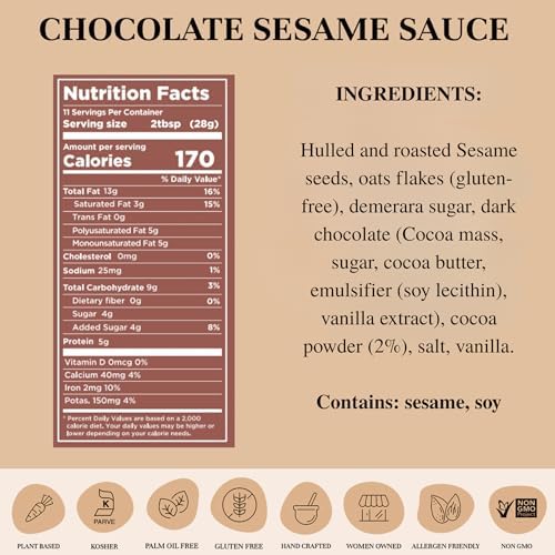 Seed + Mill - Tahini Sauce - Chocolate Sesame - Chocolate Tahini in a Squeeze Bottle - Vegan, Kosher, Non-GMO, Paleo, Gluten Free - Great on Fruit, Toast, in Crepes, Desserts, & Hummus - 10.93oz