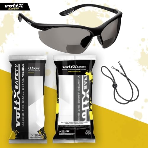 voltX 'CONSTRUCTOR' BIFOCAL Reading Safety Glasses (SMOKE/GRAY +2.0 Dioptre) ANSI Z87.1+ & CE EN166F, certified/Cycling Sports Glasses includes safety cord + UV400 anti fog coated lens