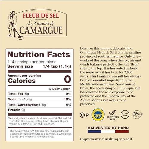 Le Saunier de Camargue Fleur de Sel – French Sea Salt Finishing Salt – Gourmet Hand-Harvested Flaky Salt in Resealable Cork-Topped Container – 125g