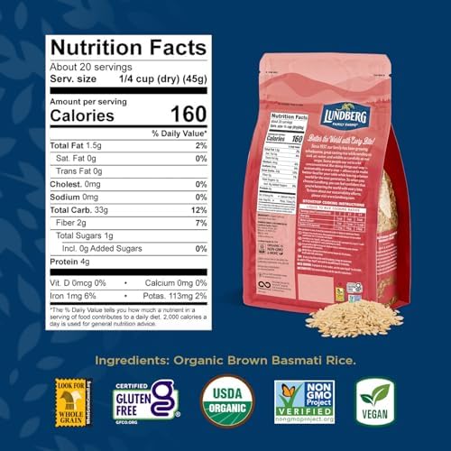 Lundberg Organic Basmati, Long-Grain Brown Rice – Non-Sticky, Fluffy & Aromatic, 32 Oz