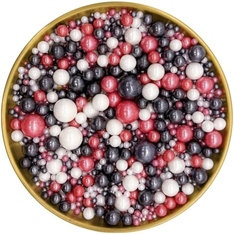 Edible Red & Black & White Sugar Pearls Sprinkles Candy Mix Size Pearls Cake Decorations Cupcake Toppers Decorating Perfect for Wedding Party Valentine Christmas Supplies 4.58OZ