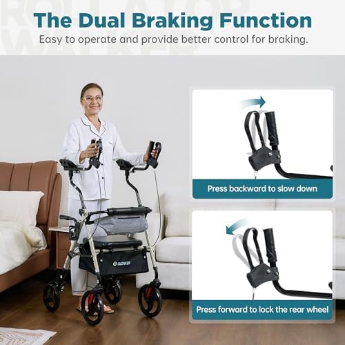 ELENKER Upright Rollator Walker, Stand Up Walkers for Seniors with Armrest, Front Pouch, 10”Wheels, Sponge Padded Seat and Backrest, Fully Adjustment Frame, Champagne