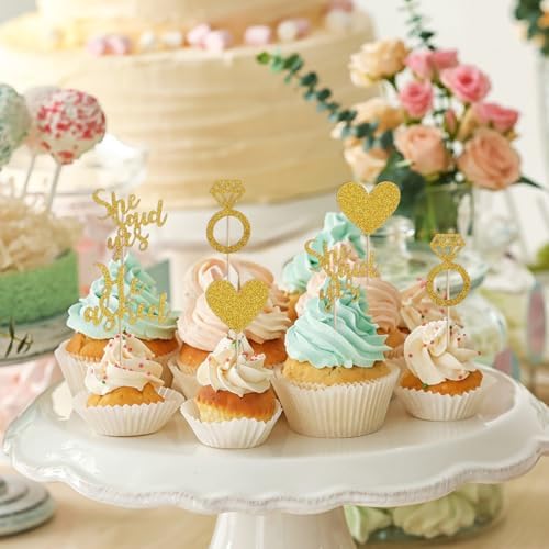 24PCS He Asked She Said Yes Wedding Cupcake Toppers, Engagement Party Decorations, Wedding Cake Toppers, Bridal Shower Decorations Diamond Ring Heart Love Cake Picks for Engagement Party