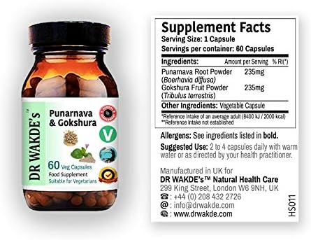 DR WAKDE's Punarnava & Gokshura Capsules (60 Veg Caps, Promotes Healthy Urinary Flush, Ayurvedic Supplement, Vegan, Herbal, All Natural, Made in UK)