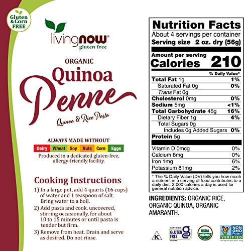 NOW Foods, Organic Quinoa Penne, Gluten-Free, Corn-Free, Non-GMO, Quinoa and Rice Pasta, 8-Ounce
