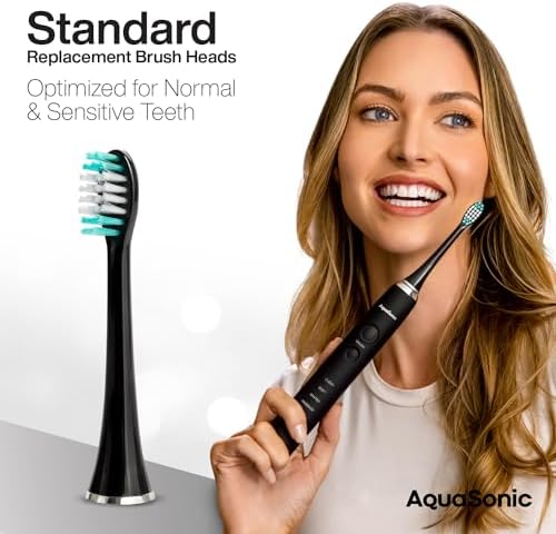 AquaSonic Genuine Standard Replacement Brush Heads | ADA Accepted | for Normal & Sensitive Teeth | Compatible with Many AquaSonic Toothbrush Handles (8 Pack Black)