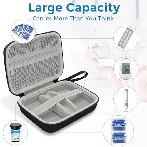 Diabetic Supplies Travel Case, Carrying Case Organizer for Diabetes Testing Kit, Blood Glucose Monitor Kit with Meter, Blood Sugar Test Strips, Lancets, Lancing Device(Case Only) (Gray Interior)
