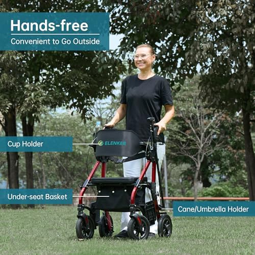ELENKER All Terrain Rollator Walker Transport Wheelchair Combo, 2 in 1 Rolling Walker with Padded Seat and Wide Backrest, Red