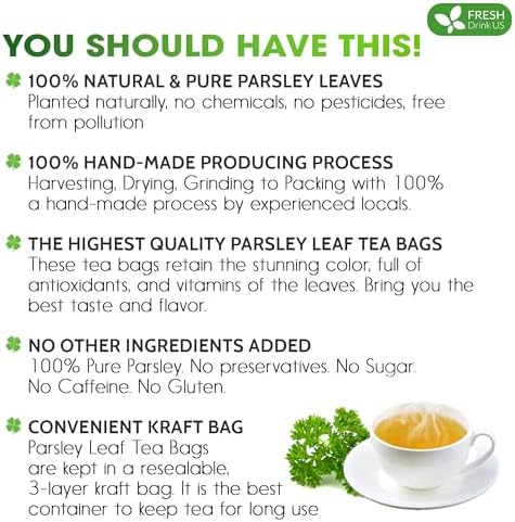 Premium 75 Parsley Leaf Tea Bags, 100% Natural & Pure from Parsley Leaves. Loose Leaf Parsley Herbal Tea. Parsley Leaf Tea. Made with Natural Material Tea Bags. No Sugar, No Caffeine, No Gluten, Vegan.