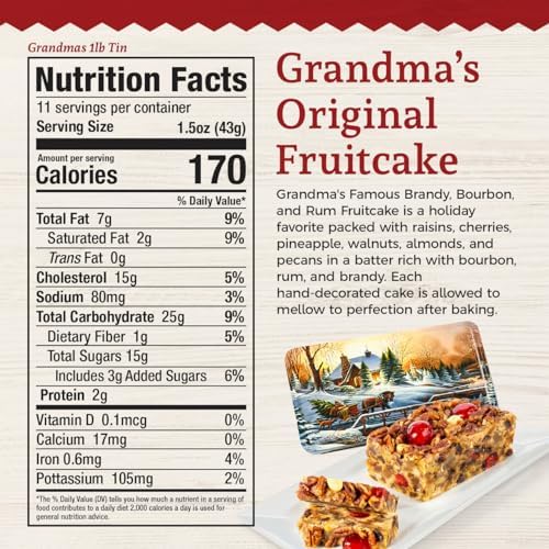 Beatrice Bakery Co. Original Fruitcake in Holiday Tin, Grandma's Old Fashioned Fruit and Nut Freshly Made, Brandy, Bourbon and Rum Fruitcake, Est. 1917 (16 oz Tin)