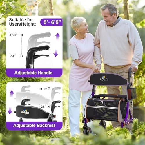 Aojin Rollator Walker for Seniors with Seat, Lightweight & Foldable, 8" All-Terrain Wheels, 18" Big Seat, 6-Level Adjustable Height Rolling Walker, 350 lb Capacity, Purple