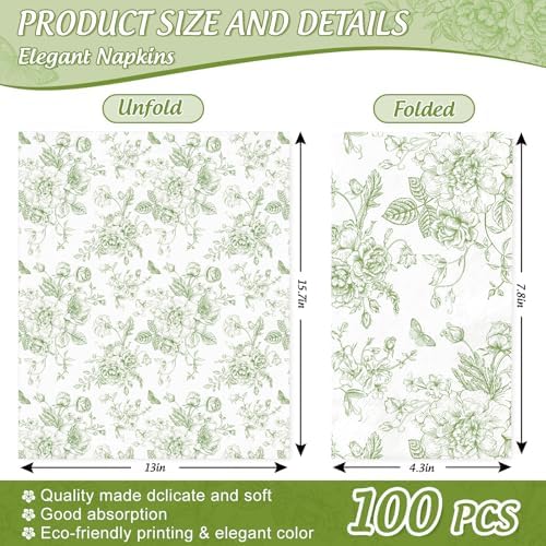 100 Pcs Floral Guest Napkins Disposable Green Wildflower Paper Napkins Green Flower Dinner Hand Towels for Bathroom Party Supplies Table Decorations