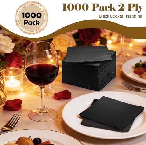 1000 Pack Black Cocktail Napkins, 2-Ply 5 x 5 Inch Disposable Beverage & Dinner Paper Napkins Bulk, Elegant Party Napkins for Wedding, Bar, Birthday, Restaurant & Holiday Events