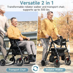 Walkers for Seniors, 2 in 1 Rollator Wheelchairs Combo 10" Big Wheels Walker with Seat, Rollator Transport Chair with Brakes Folding Rolling Walker for Adults, Black