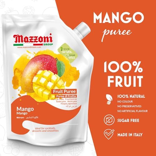 Mazzoni - Mango Puree, Juice, 100% Pure Mango Lassi, Just Fruit, Nectar, No Sugar Added, 2.2 lbs (35.2 oz) Real Fruit Mixer for Cocktails, Drinks, Smoothies, Convenient Pouch, Made in Italy