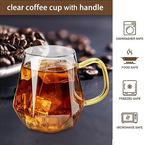 AEFPOYMXU 10 oz Clear Glass Espresso Cups Set of 2 Coffee Cups with Handle Crystal Coffee Mug Borosilicate Heat Resistant for Liquor Tea Beverages Milk Latte Cappuccino
