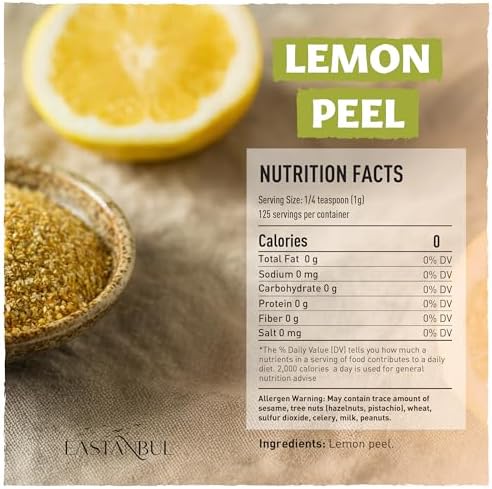 Eastanbul Lemon Peel, 4.41oz, Dried Lemon Peel for Baking, Cooking, Marinades, and Rubs, Perfect for Tea, Granulated, Citrus Spice, Mediterranean Spice, Gluten Free, No Preservatives
