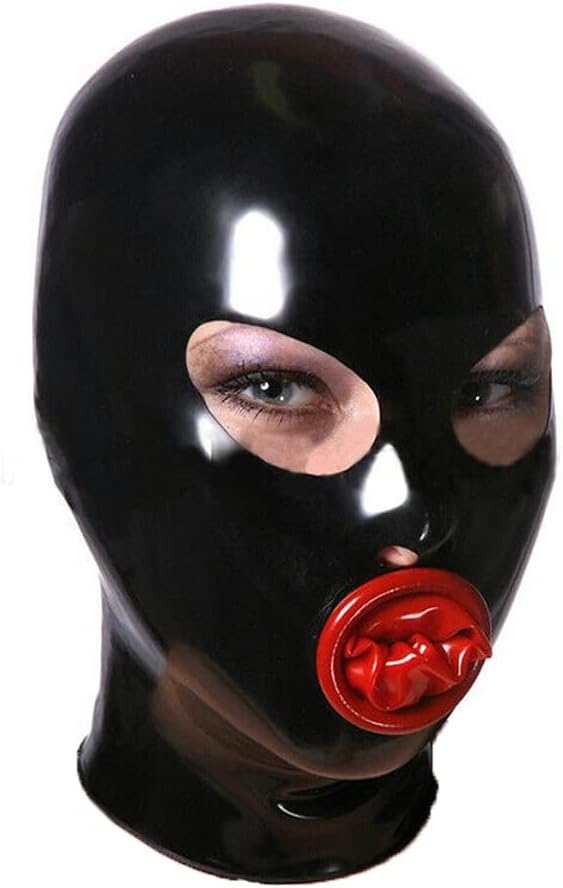Latex Hood Mask Full Cover Catsuits Mouth with Red Condom Sheath Zipped Latex Mask