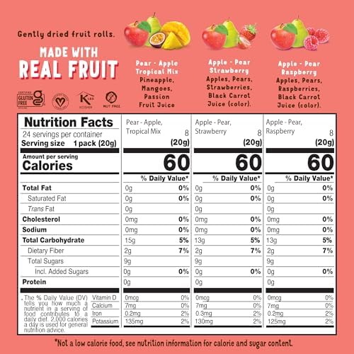 BEAR Real Fruit Snack Rolls - Gluten Free, Vegan, and Non-GMO - Variety Pack (Strawberry, Raspberry, Tropical)) – 48 Rolls, Healthy School and Lunch Snacks for Kids and Adults, 0.7 Ounce (Pack of 24)