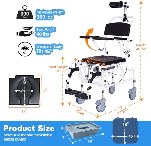 Reclining Shower Chair, Medical Shower Chair with Arms and Back Hospital Toilet Chair, Potty Chair for Adults Bathroom Wheelchairs with Soft Seat Cushions and Safety Belts