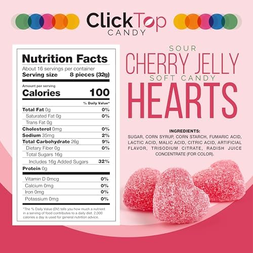 Cherry Jelly Hearts | 18 Ounce Jar | Dye Free Candy | Sour Candy Hearts for Dessert Topping, Gifting, and Holiday Buffets | Classic Soft Cherry Jellies