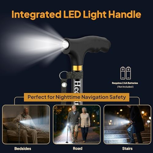 Walking Cane with LED Light, Foldable,Adjustable, Self Standing Walking Canes for Men & Women,Walking Sticks with Quad Base for Seniors & Adults