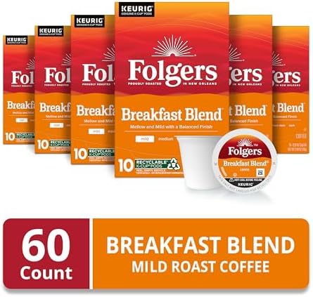 Folgers Breakfast Blend Coffee, Mild Roast, Keurig K-Cup Pods, 10 Count (Pack of 6)