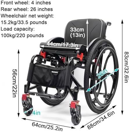 Folding All-Terrain Ultra Lightweight Sports Wheelchair,Aluminum Alloy Wheelchair,Sports Folding Transport Wheelchair,Self-propelled Manual Wheelchairs,Quick Release Rear Wheels(Seat width 44cm/17.3in
