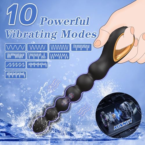 Vibrating Anal Beads Butt Plug, Auknut Rechargeable Flexible Butt Plug Prostate Massager with 10 Vibration Modes Anal Toys, Silicone Anal Beads with Pull Ring Design, Anal Toy for Men Women Couple